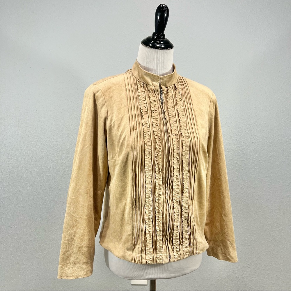 Coldwater‎ Creek Faux Suede Ruffle Jacket Womens Petite Small PS Tan Zip